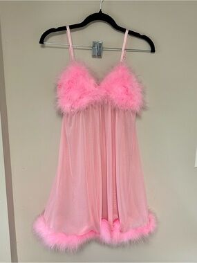 Pink Feather-Trim Mesh Babydoll Nightdress